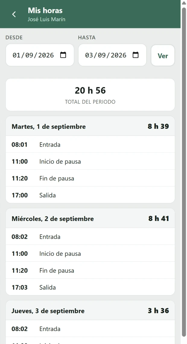 Pantalla de consulta de horas: las jornadas del periodo elegido, marca a marca, con el total y la opción de descargarlas