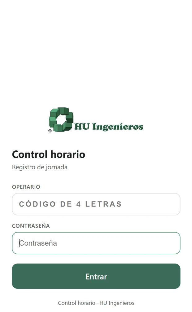 Pantalla de entrada de la aplicación de control horario en un móvil, con el código de operario y la contraseña