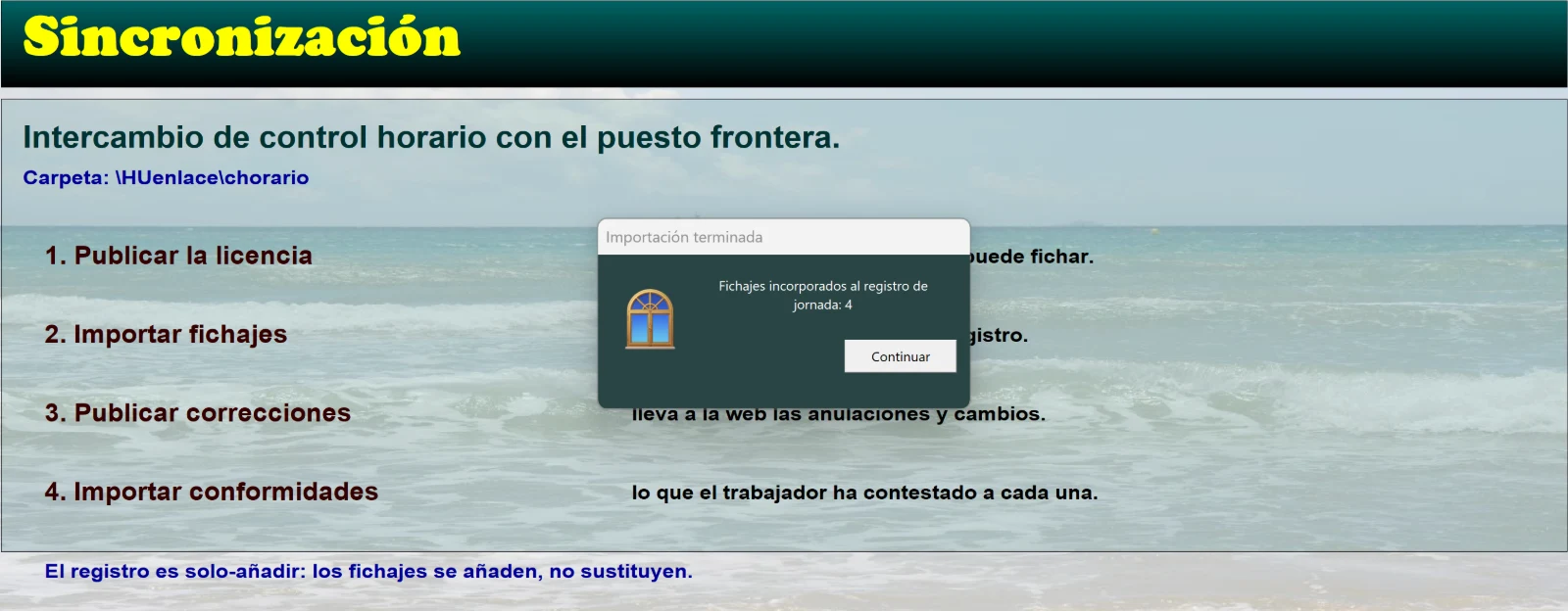 Pantalla del ERP con el intercambio de control horario y el mensaje: fichajes incorporados al registro de jornada, 4