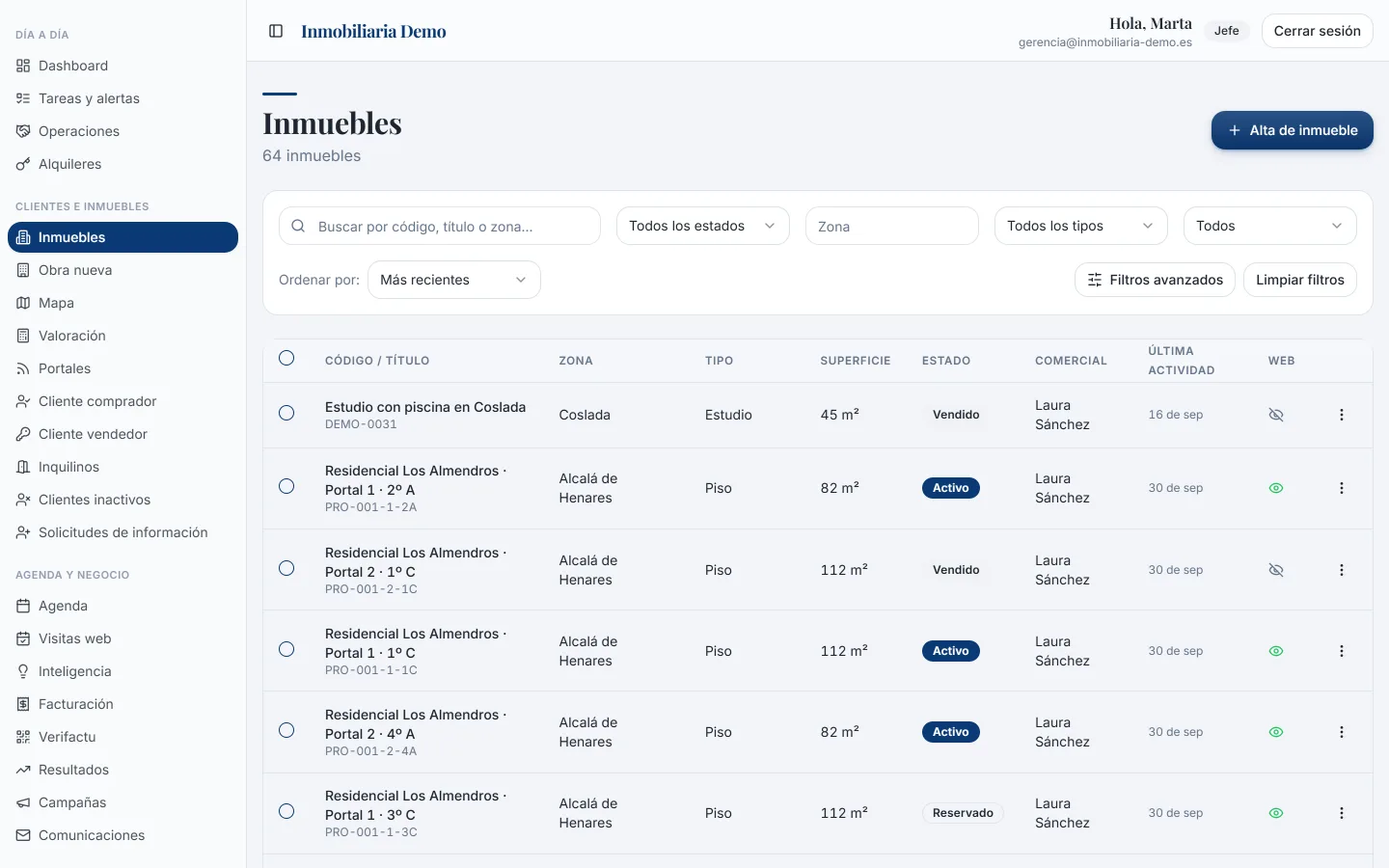 Property portfolio list with status, area and agent