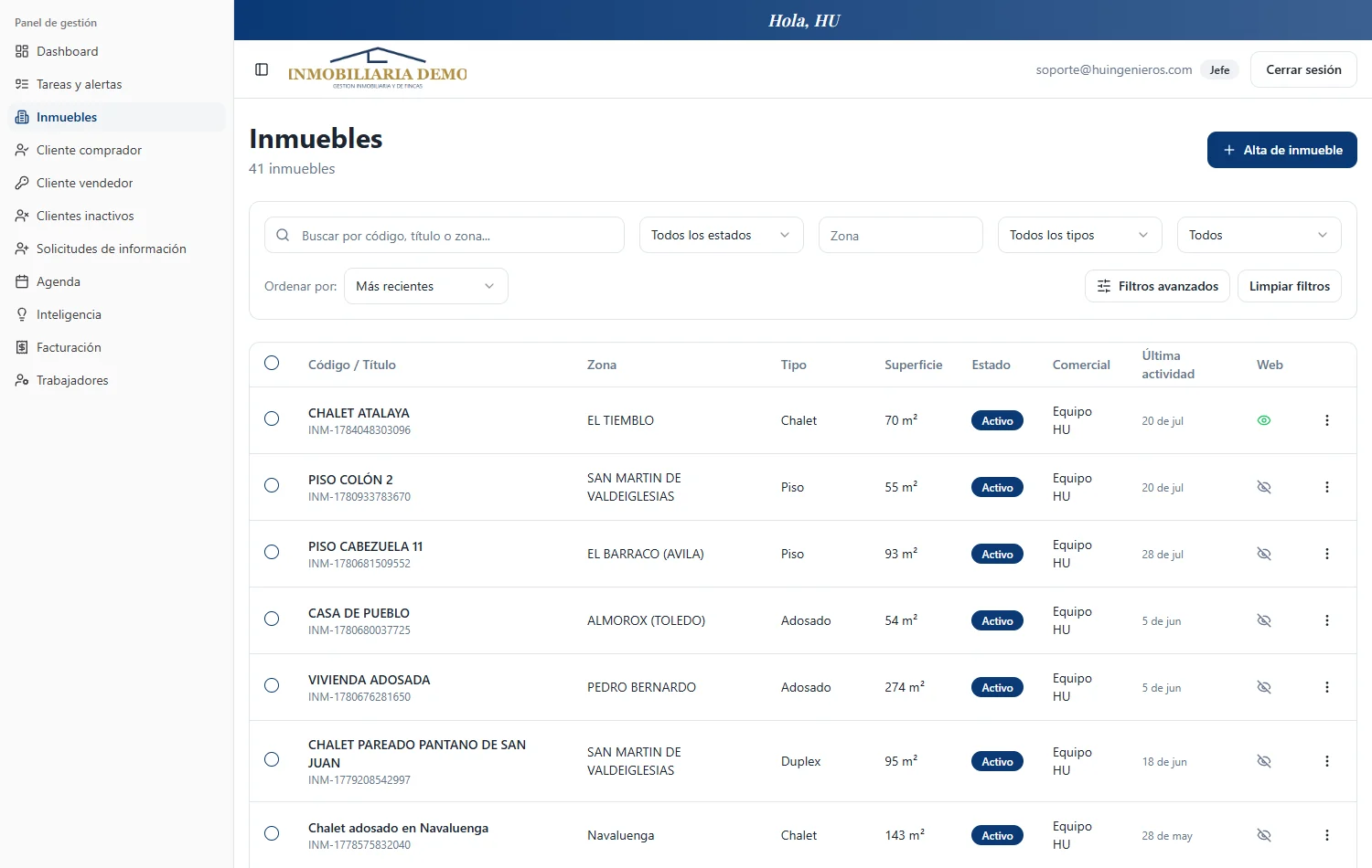 Pantalla real del CRM inmobiliario: la cartera de inmuebles con sus filtros, el comercial asignado y si esta publicado en la web