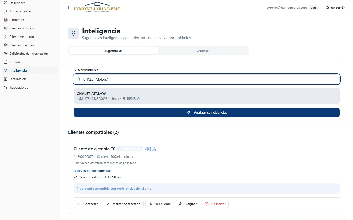 Pantalla real del CRM: al analizar un inmueble, la lista de clientes compatibles con su porcentaje de coincidencia y el motivo