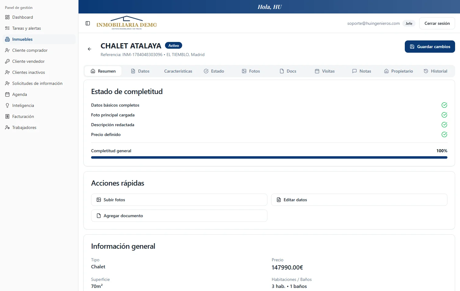 Ficha de un inmueble en el CRM con las pestañas de datos, características, estado, fotos, documentos, visitas, notas, propietario e historial