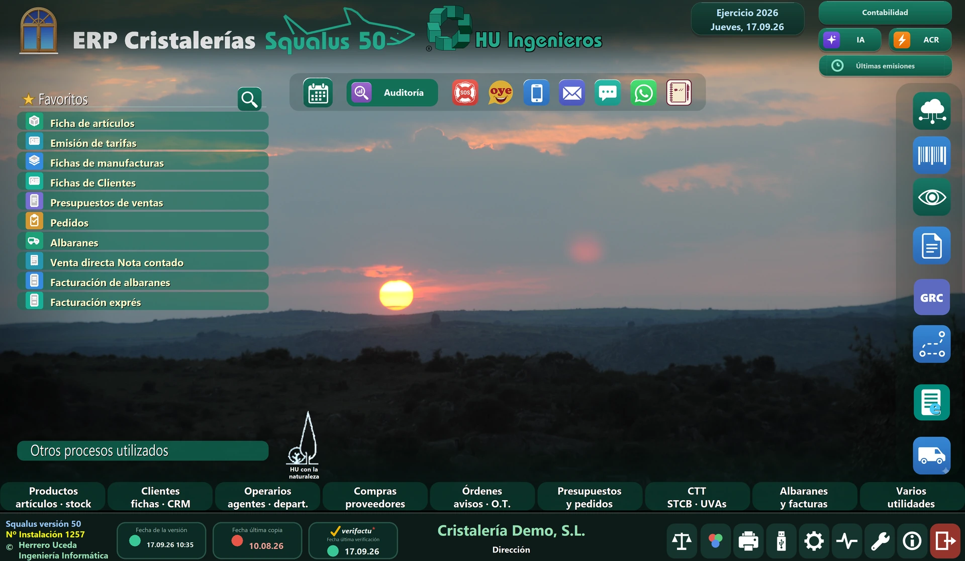 Menú principal del ERP Squalus, con los favoritos del usuario y los grupos de procesos.