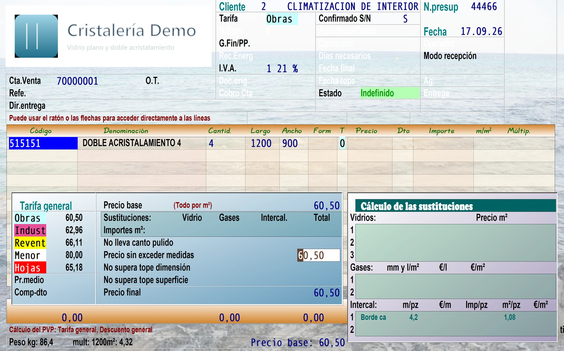 Cálculo del precio por tarifa y por superficie, con recargos por dimensión y el precio final de la línea.