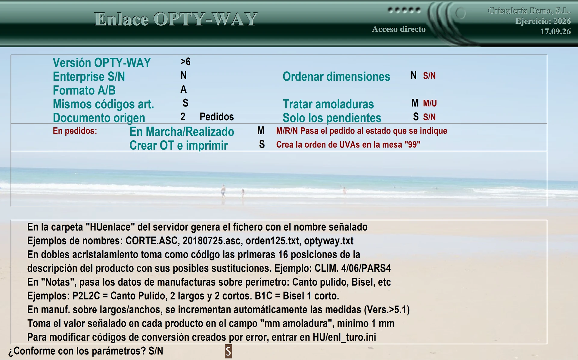 Pantalla que prepara la orden de corte y genera el fichero de piezas para el optimizador externo.