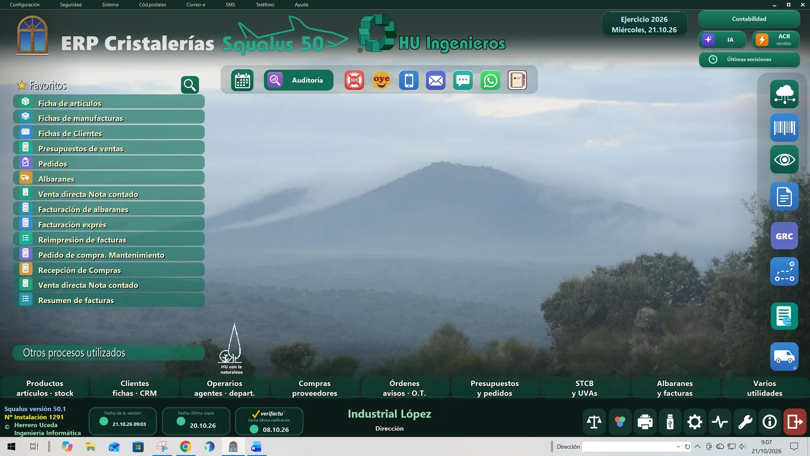 Pantalla real del programa: el menú principal con los procesos favoritos y los accesos por áreas