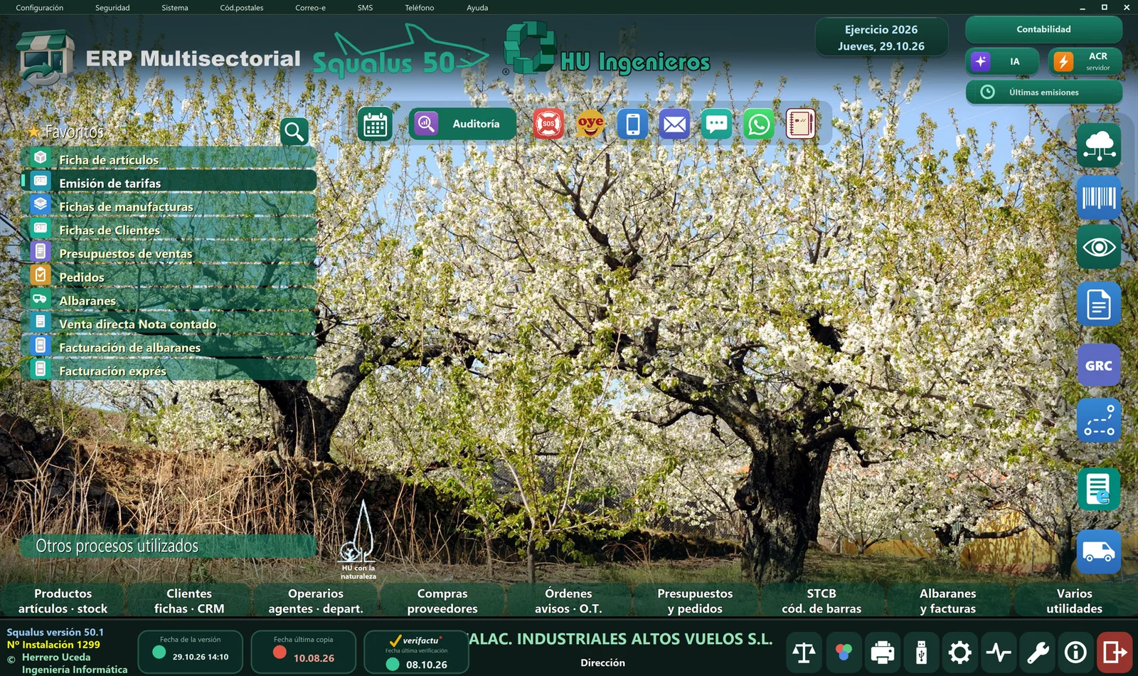 Pantalla real de Squalus ERP: el menú principal del programa de gestión, con los procesos favoritos y los accesos por áreas