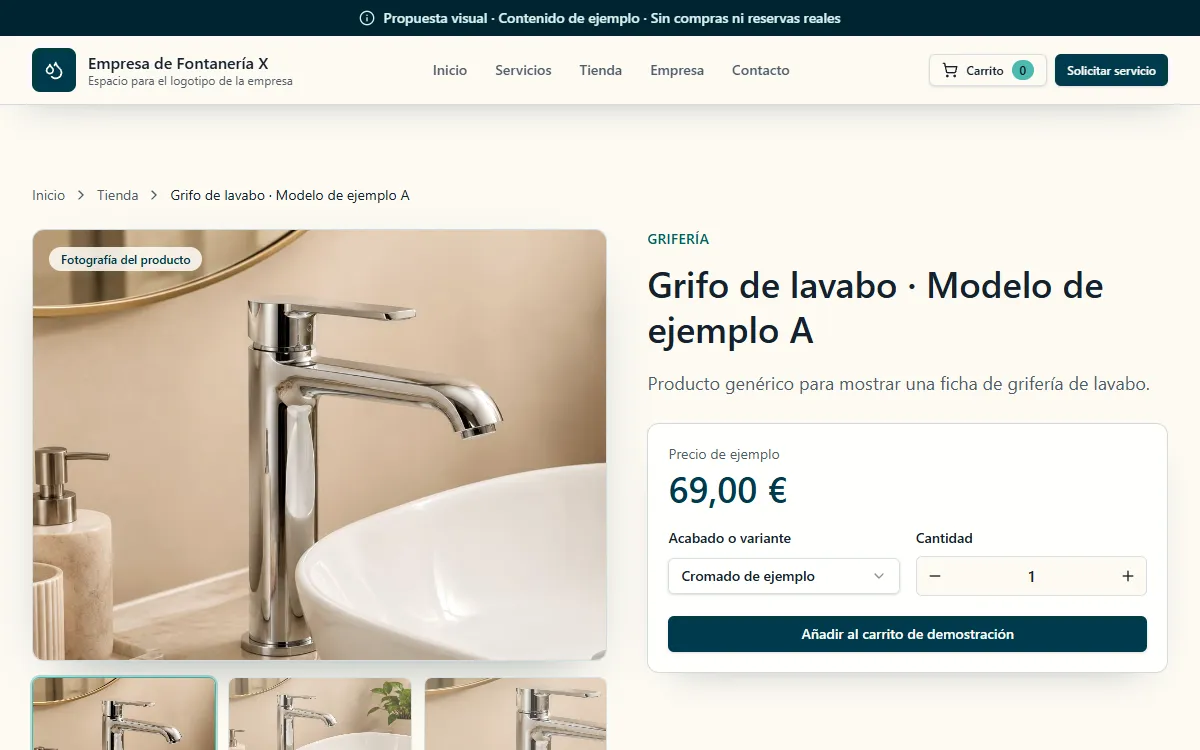 Ficha de producto de la maqueta: un grifo de lavabo con sus fotos, el precio de ejemplo de 69 €, el acabado y la cantidad