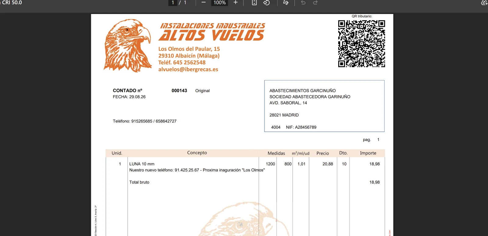 Invoice with the Verifactu tax QR code in Squalus