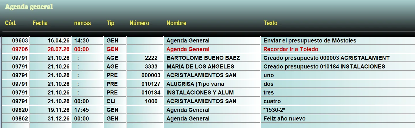 Agenda general: notas con su fecha, su hora, el cliente o el agente y el texto de cada una