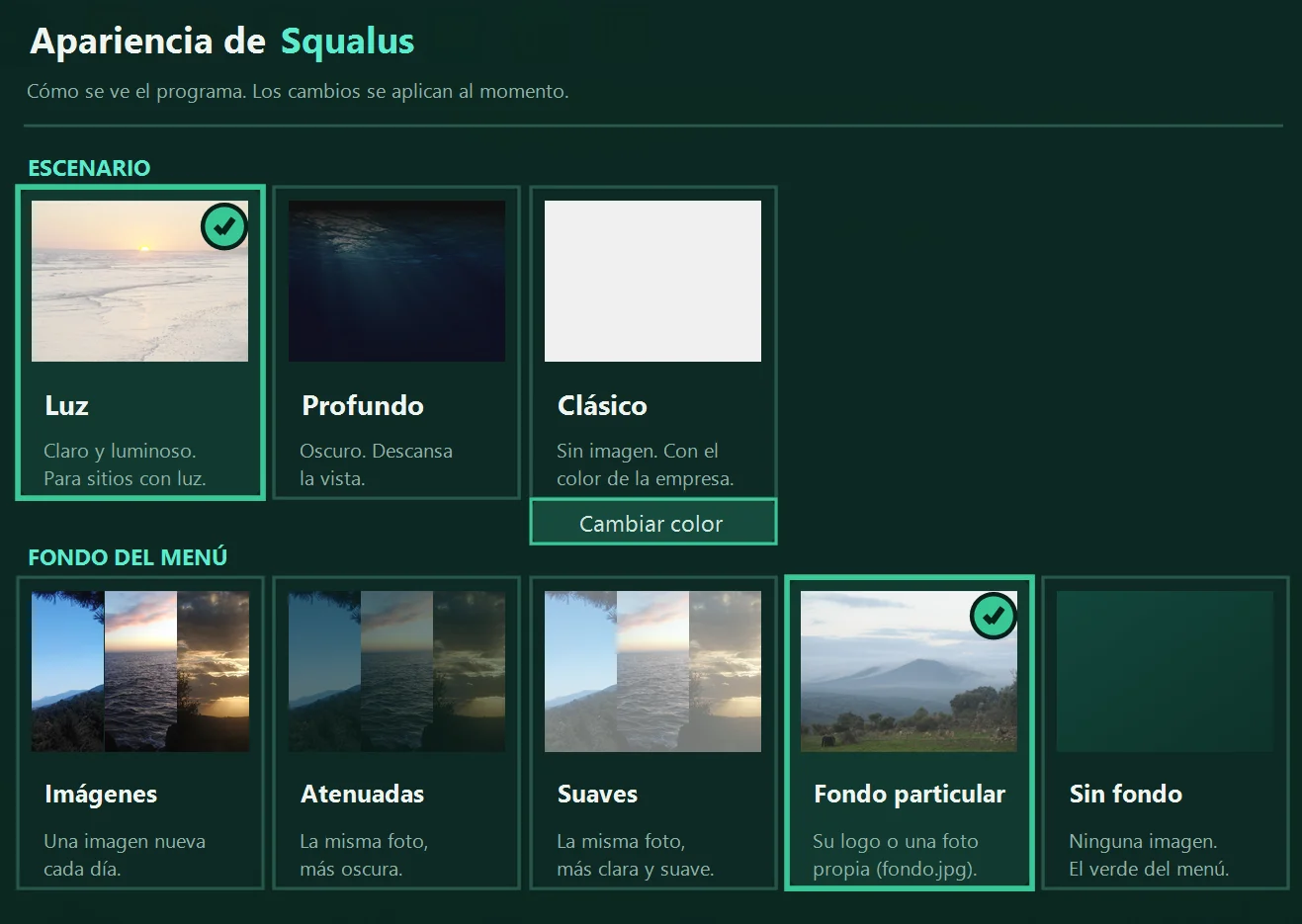 Pantalla de apariencia de Squalus: escenarios claro, profundo y clásico, y fondos del menú con imágenes, atenuadas, suaves, fondo particular o sin fondo