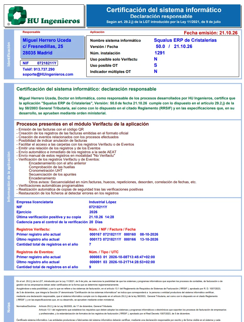 Certificación del sistema informático: declaración responsable con los procesos del módulo Verifactu