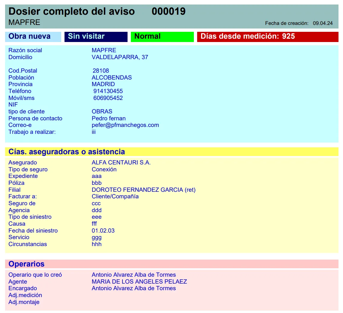 Dossier completo de un aviso: datos del cliente, de la compañía aseguradora y de los operarios
