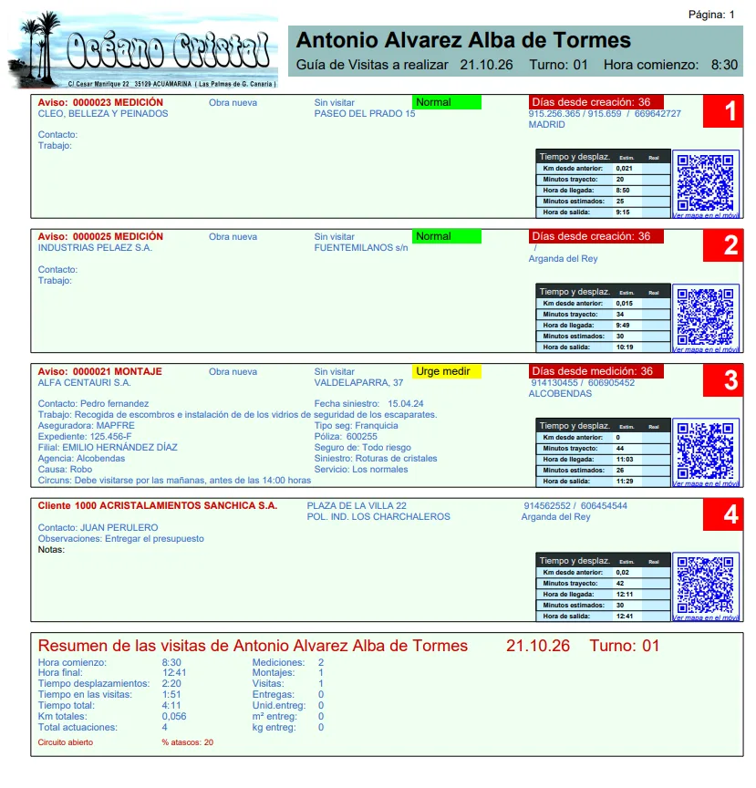 Guía de visitas de un operario: cada visita con sus datos y un código QR, y el resumen de horas y desplazamientos