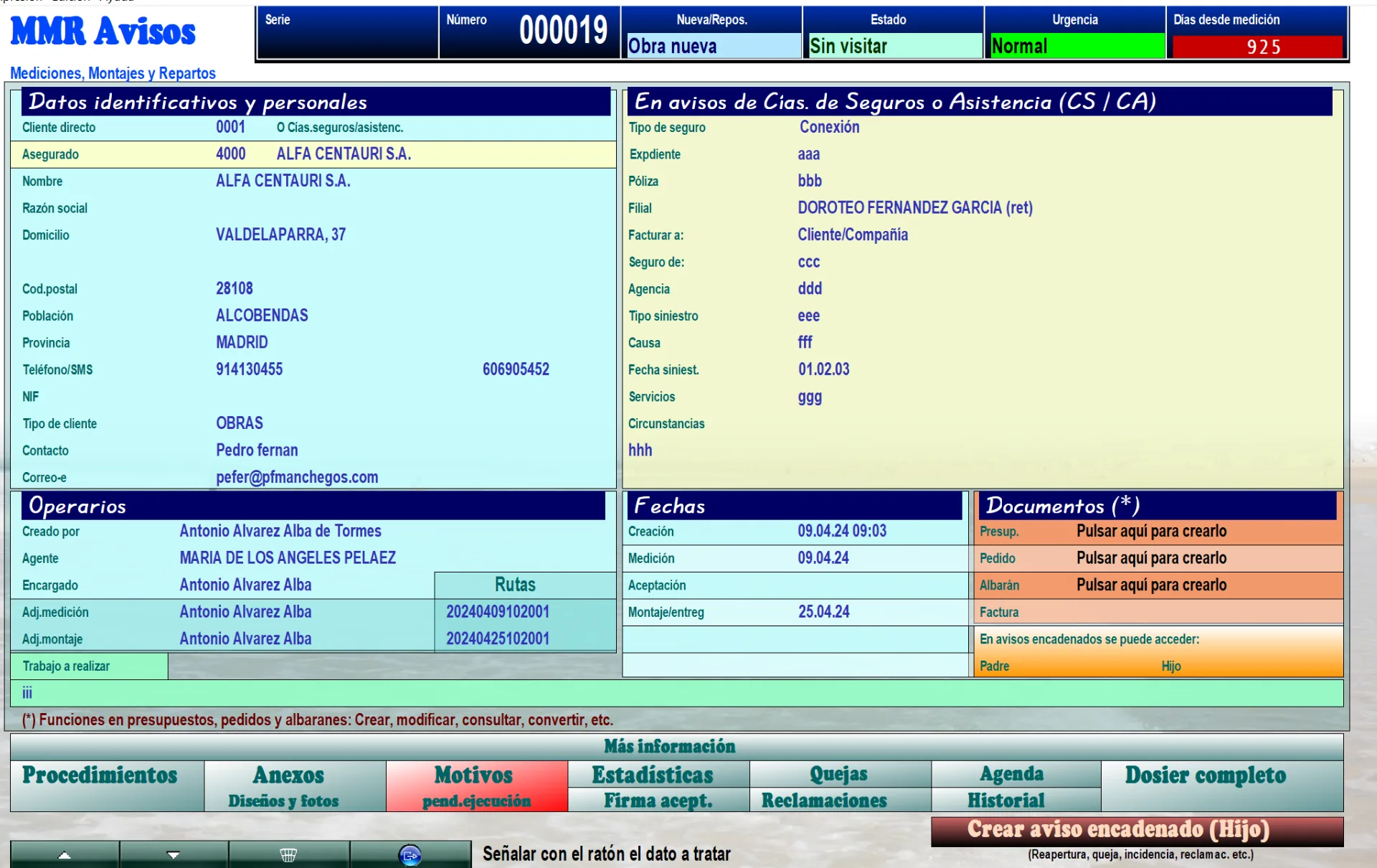 Aviso de mediciones, montajes y repartos: datos del cliente, de la compañía de seguros, operarios, fechas y documentos del trabajo