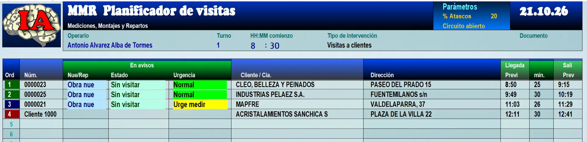 Planificador de visitas de un operario: los avisos del día en orden, con la hora prevista de llegada, los minutos y la salida