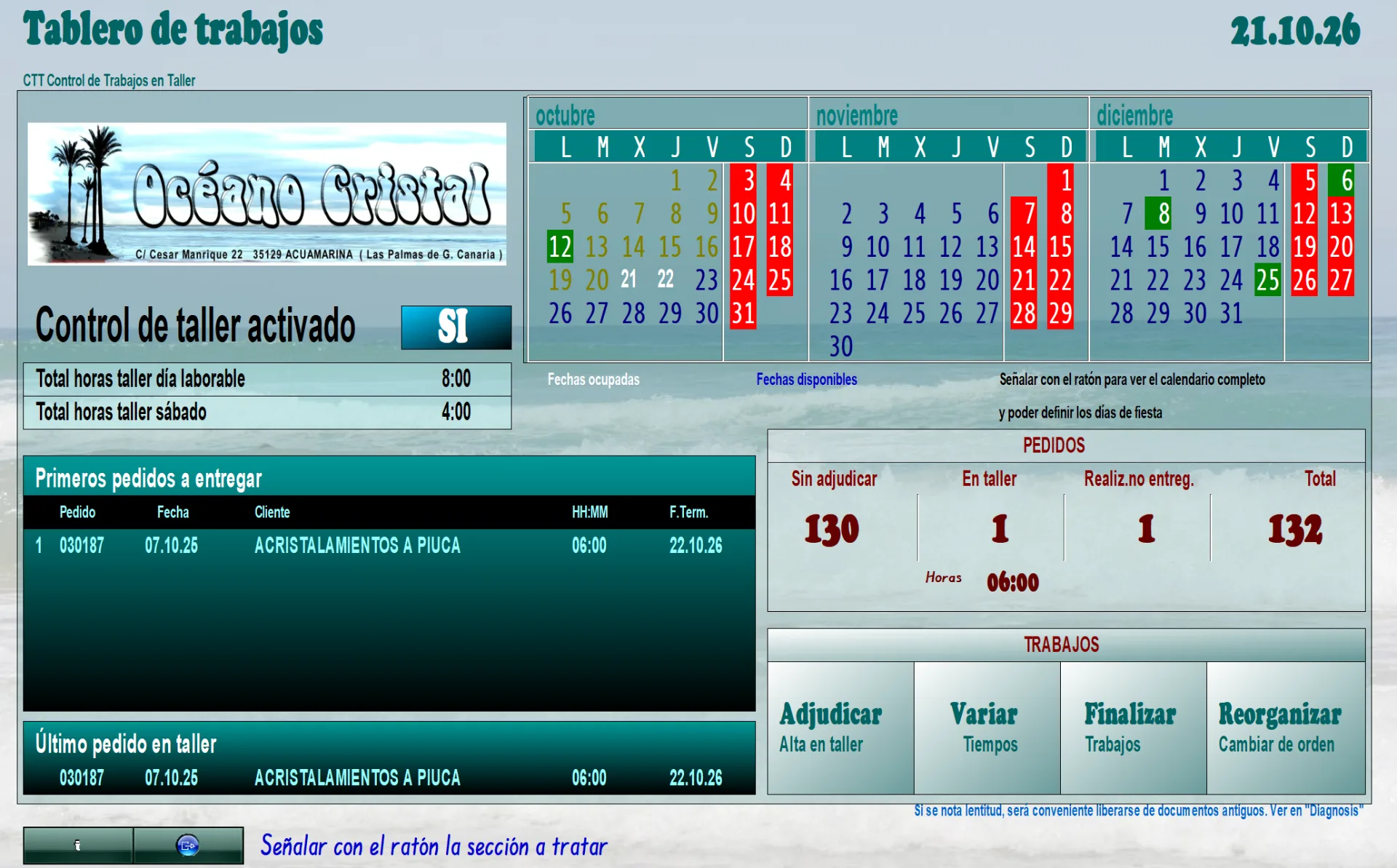 Tablero de trabajos: calendario de tres meses con los días ocupados, horas laborables, pedidos sin adjudicar y en taller, y los primeros pedidos a entregar