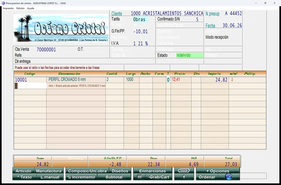 Editor de presupuestos con líneas de artículos y totales calculados al momento