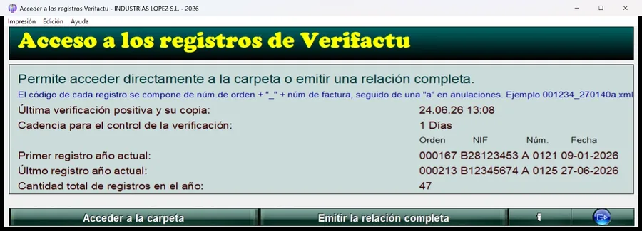Pantalla de facturación con el registro Verifactu y el código QR